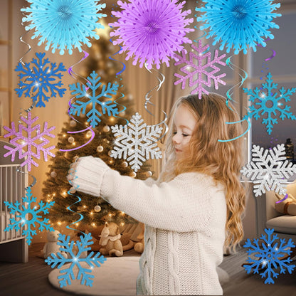 28pcs Winter Snowflake Hanging Swirls Decorations, Winter Wonderland Decorations Snowflake Hanging Swirls Decoration Glittery Ornament Banner for Winter Frozen Baby Shower Party Home Decorations