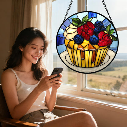 QZQCBLC Stained Glass Window Hanging Retro Blue Fruitcake 6.3" - Red Yellow Suncatcher Door Garden Sun Catcher Home Decor Birthday Christmas for Mom Woman Nana Friend Girl