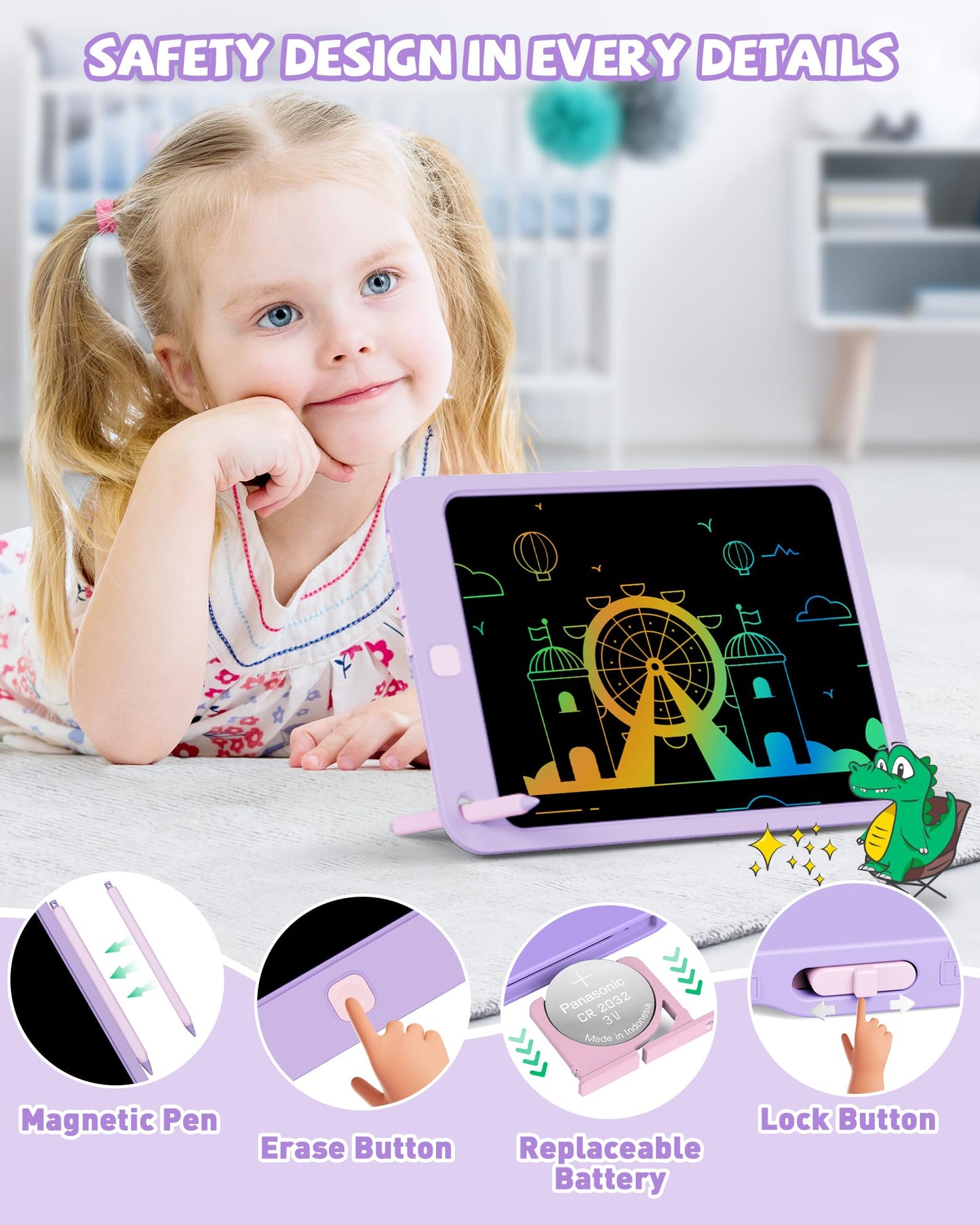 KOKODI LCD Writing Tablet for Kids, 10 Inch Colorful Drawing Tablet, Educational Learning Kids Toys for Age 3-12 Years Old, Toddler Doodle Board, School Supplies for Girls, Birthday Gifts,Purple