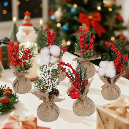 winemana 6 Pcs Mini Christmas Tree Table Decorations, 8" Small Artificial Trees with Red Berries Pine Cone Greenery Tabletop Centerpiece for Home Office Room Holiday Decorations