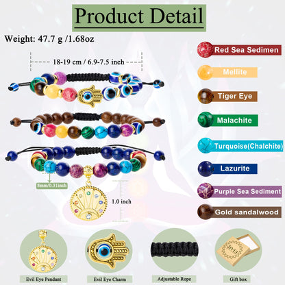 Bivei Evil Eye Bracelet Natural Semi Precious Gemstone Beads 7 Chakra Crystal Stone Beaded Adjustable Braided Bracelets for Women Men Yoga Meditation(Evil Eye)