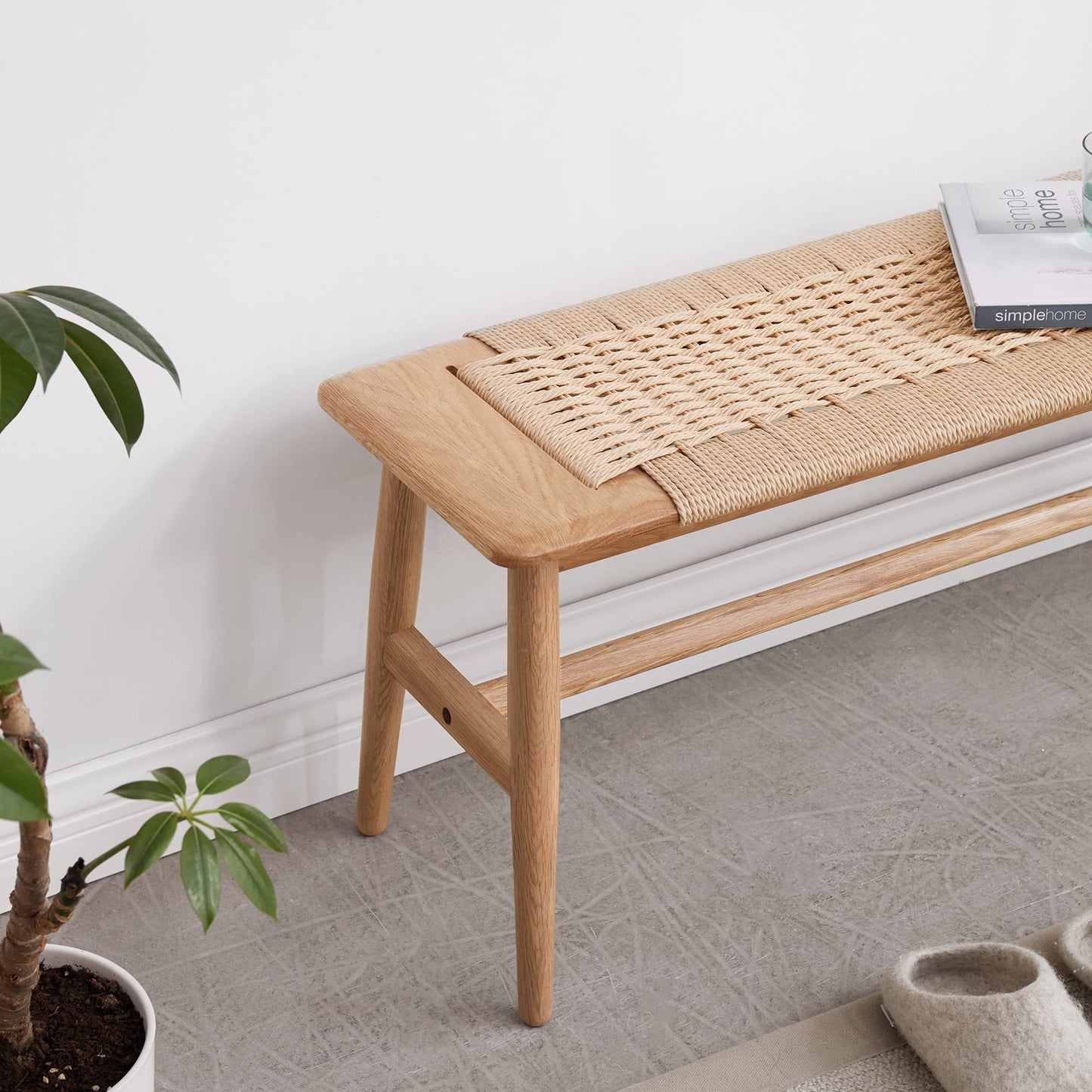 Vadisun 100% Solid Oak Wood Bench,Hand Woven Design,Solid Mortise and Tenon Construction-Solid Structure of Chair Legs,Woven Rattan Entryway Benchs/Dining Bench (Natural Oak,31.49”*11.81”*15.98”)
