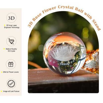 HDCRYSTALGIFTS 60mm 3D Inner Engraved Rose Flower Crystal Ball Paperweight with Sliver Stand Glass Sphere Rose Figurines Collectible Fengshui Decorative Ball Home Decor Gifts