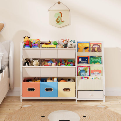 HAVLOTII Toy Storage Organizer - Kids Bookshelf and Toy Storage with 3 Book Shelf and 10 Storage Bins, Montessori Playroom Storage for Toddler, Baby, Book Shelf for Kids Rooms