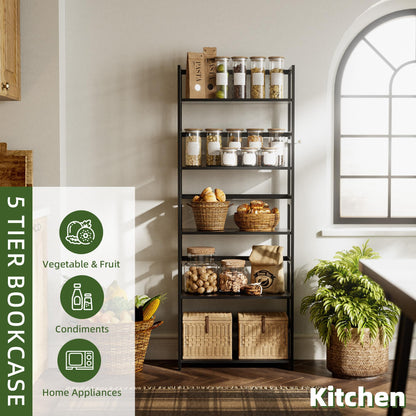 vovala 5-Tier Bamboo Wood Ladder Bookshelf, Tall Display Storage Shelf, Large Bookcase Modern Industrial Stand Organizer for Home, Office, Living Room, Kitchen, Bedroom, Black