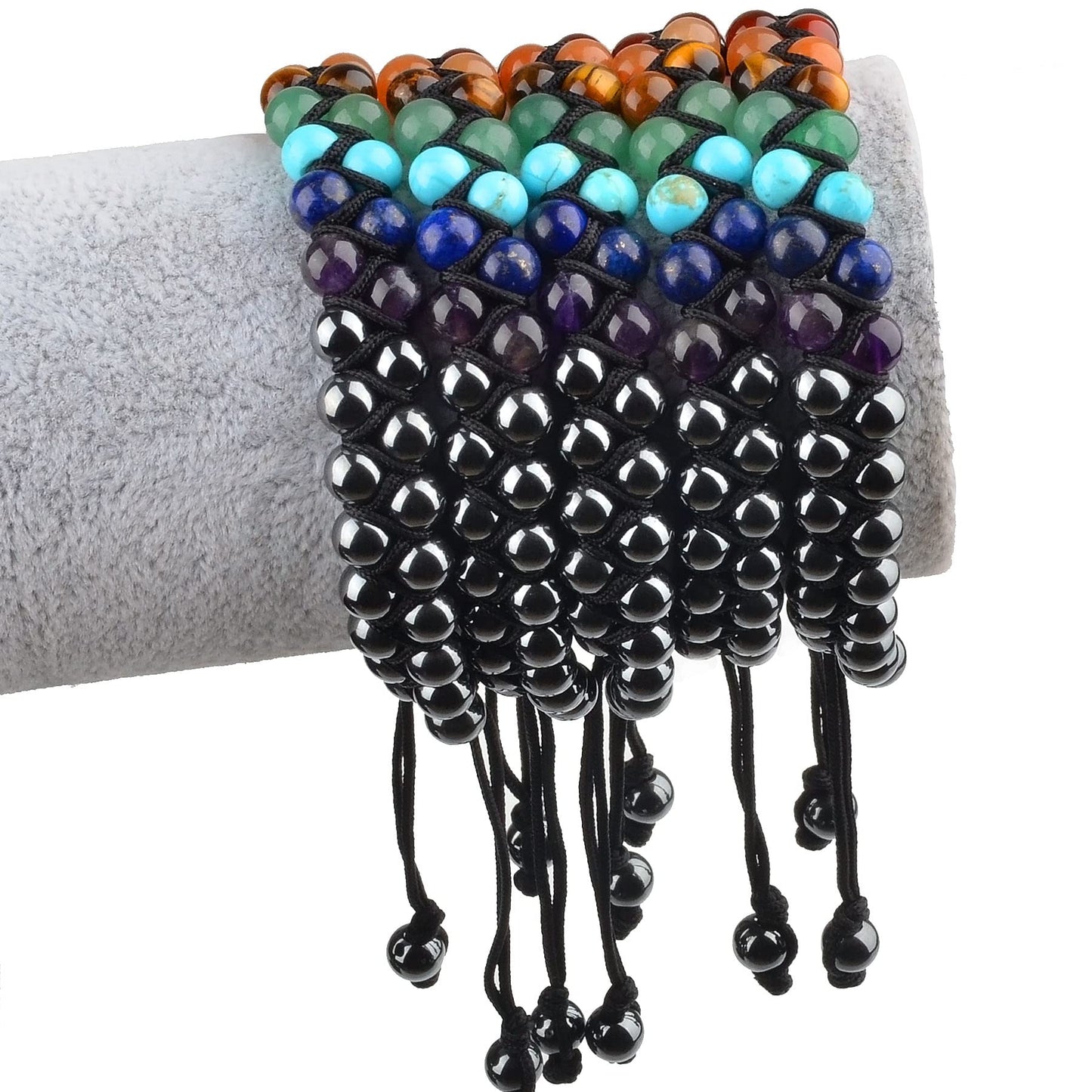 MASSIVE BEADS Natural Chakra Healing Power Crystals Macrame Bracelet Yoga Double Layer Stone Beads Gemstone Meditation Relax Anxiety Bangle for Unisex Women Men (7-Chakras&Hematite, 6mm)