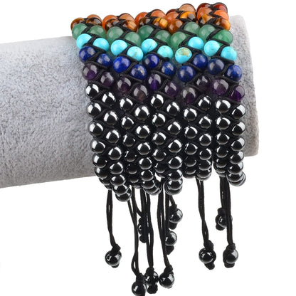 MASSIVE BEADS Natural Chakra Healing Power Crystals Macrame Bracelet Yoga Double Layer Stone Beads Gemstone Meditation Relax Anxiety Bangle for Unisex Women Men (7-Chakras&Hematite, 6mm)