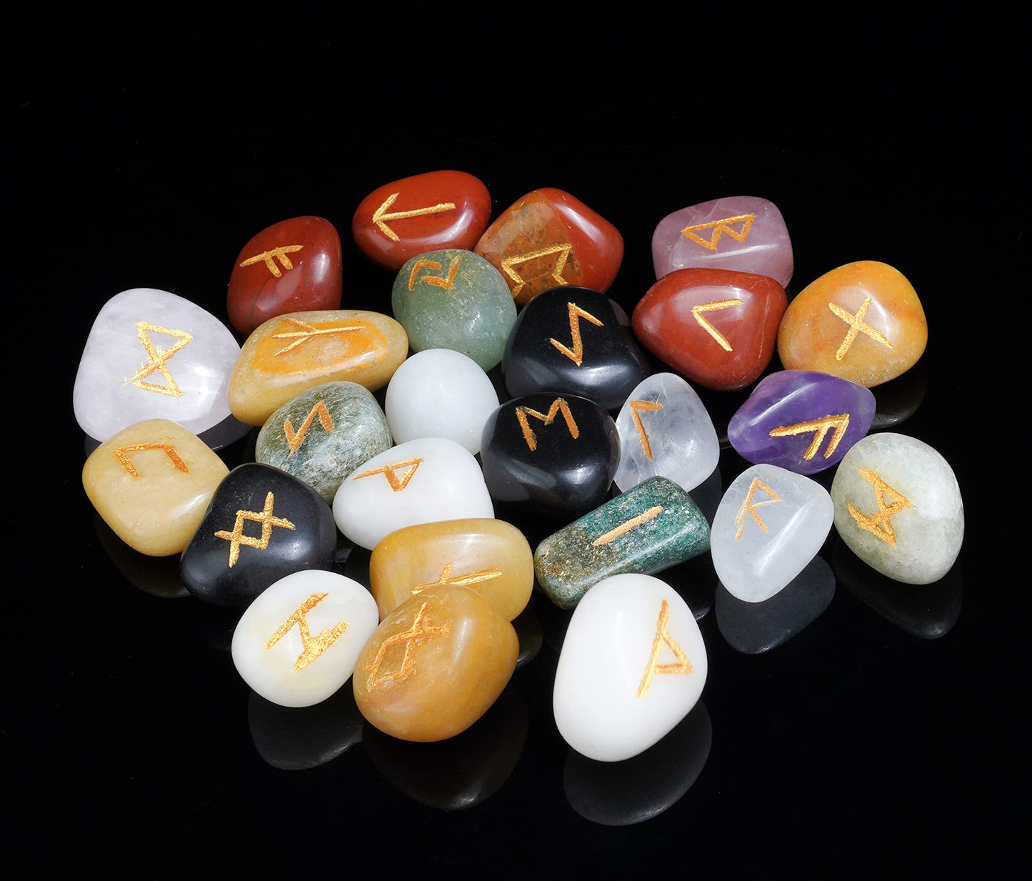 Crocon Rune Stones Sets 25 pcs Mix Chakra for Beginners with Elder Futhark Alphabets for Healing Chakra Crystals Reiki feng Shui Gemstone Runes Set Size: 15-20 mm with a Pouch & Rune brochure