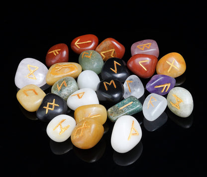 Crocon Rune Stones Sets 25 pcs Mix Chakra for Beginners with Elder Futhark Alphabets for Healing Chakra Crystals Reiki feng Shui Gemstone Runes Set Size: 15-20 mm with a Pouch & Rune brochure