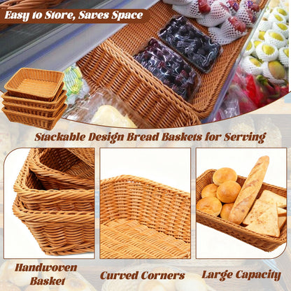 Retainbre 3 Pack Wicker Bread Baskets for Serving 15.8 Inch Rattan Tray Rectangular Display Baskets for Food Fruit Vegetables Snack Decorative Kitchen Restaurant Home