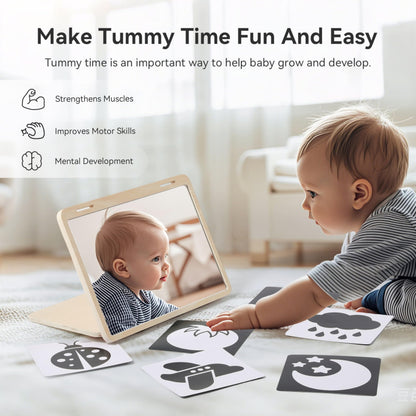 IEATFO Tummy Time Play Set Adjustable Angle, Double-Sided Design, Montessori Tummy Time Toys Large Baby Safe Mirror and Card Display Stand with Black and White High Contrast Baby Cards