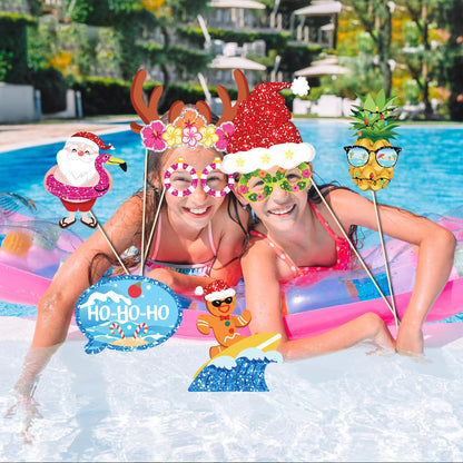 25-Piece Funny Tropical Christmas Photo Booth Props Kit - Beach Santa Holiday Party Supplies for Adults, Hawaiian Luau, Holiday Beach Party Decorations with Sticks & Stickers