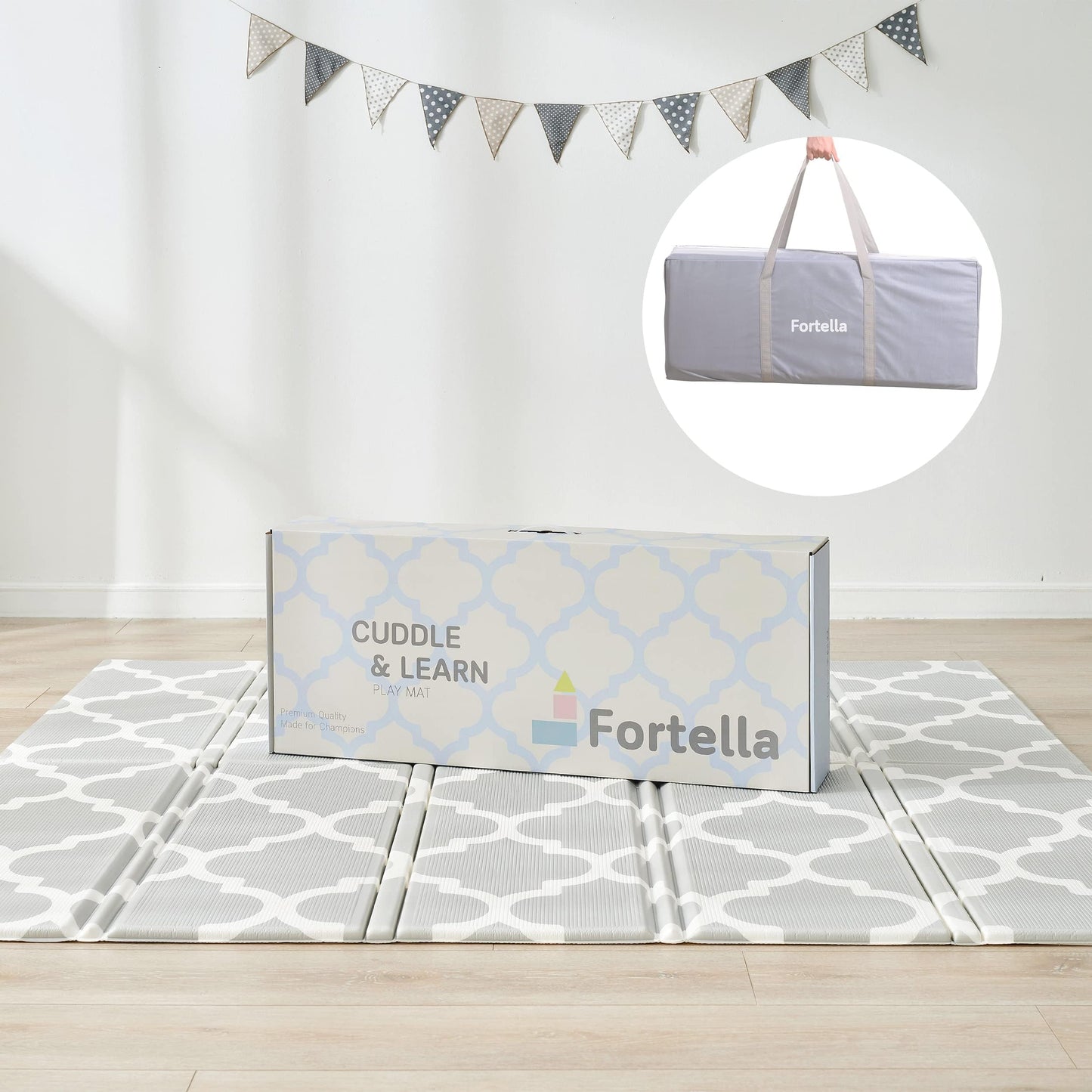 Fortella Extra Large Baby Play Mat for Playpens, 71.5”x70” Reversible & Waterproof, Certified Non-Toxic Foam Mat, 0.6” Thick Foldable Playmat with Travel Case for Tummy Time & Crawling, Indoor Outdoor