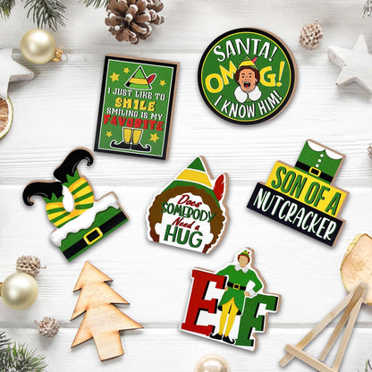 YMCAFZ 7 Pcs Christmas Green Elf Tiered Tray Decor, Funny Xmas Son of A Nutcracker Farmhouse Wood Decorations Set, Winter Holiday Rustic Wooden Decorative Signs for Home Table Shelf