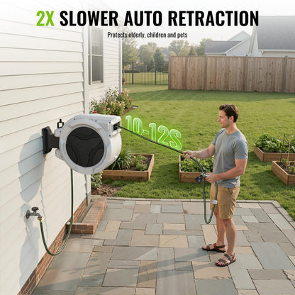 Retractable Garden Hose Reel 100ft x 1/2 in, Wall Mounted Garden Hose Reel with Auto Rewind, 180° Swivel Bracket, UV Resistant Water Hose Reel with 10 Spray Nozzle, Heavy Duty for Outside Use