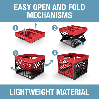 CleverMade Collapsible Milk Crate 25L (6.6 Gal), 50 lb Capacity Heavy Duty Folding Crate – Stackable Storage Crates with File Rails, Plastic Collapsible Crates - Red