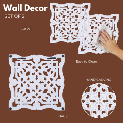 Woodify Hand-Carved Wooden Wall Décor – Set of 2, 12" x 12" Decorative Wood Panels, Floral Design, White Antique Finish, Wall Art for Living Room & Home Décor
