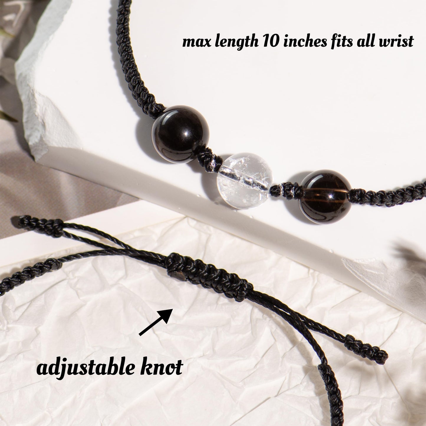 AuraKnots Protection Bracelet, Crystal Bracelets with Genuine Gemstones for Aura Protection & Grounding, Hand-Knotted with Smoky Quartz, White Azeztulite & Silver Obsidian, Adjustable for Women & Men