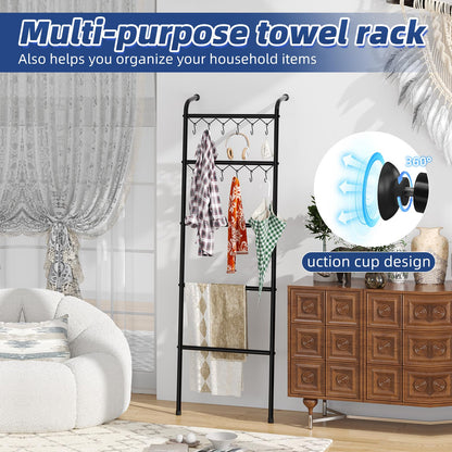 Simple Trending Blanket Ladder，5 Tier Metal Towel Rack with 12 Hooks, 79'' Metal Style Decorative Ladder for The Living Room Bedroom Bathroom Home Decor, Black