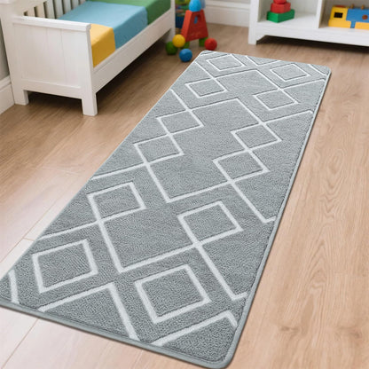 Rtizon Soft Runner Rug, 2x6Ft Moroccan Non-Slip Carpet for Bedroom, Geometric Small Area Rugs with Memory Foam for Living Room Office Bedside Dorm Hallway, Grey and White