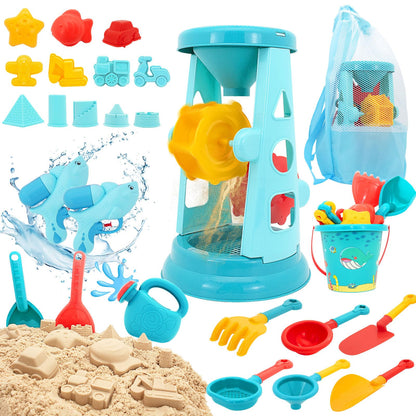 LUCKFUTURE Beach Toys, 25 Pcs Sand Toys Set for Kids Including Water Gun, Sifting Funnel, Bucket, Watering Can, Sand Molds & Mesh Beach Toy Bag, Sandbox Toys for Toddlers 3-12