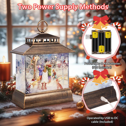 Christmas Snow Globe Lantern Water Glittering Lantern with 8 Songs & 6H Timer Romote Control Christmas Snow Globes USB & Battery Operated for Holiday Festival Decorations Gifts (Snowman and Children)