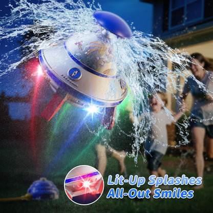 JOI MEW UFO Water Sprinkler for Kids, Water Rocket Toy Outdoor Summer Play W/Light & Spin, Adjustable Height Water Launcher, DIY Space Sticker, Backyard Lawn Gift for Girls Boys 3-12 Year Old Blue
