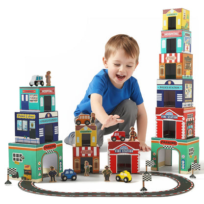 Youuys 3-in-1 Sorting and Stacking Toys for Toddlers 1-3 with Building Blocks, Wooden Community Helpers, Montessori Nesting Boxes for Preschool Learning Stocking Stuffers for Boys Girls