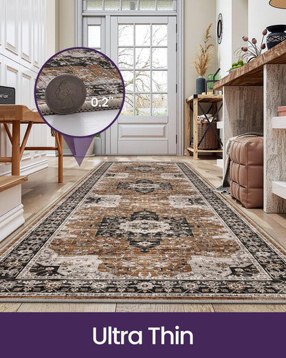 DEXI Hallway Washable Runner Rug 3x7, Vintage Farmhouse Thin Kitchen Runner with Non Slip Backing, Soft Entryway Floor Rug, Stain Resistant Distressed Carpet for Bedroom Living Room, Brown
