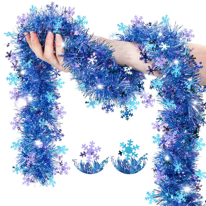 Blosssound 26 Feet Blue Purple Snowflakes Tinsel Garland Glitter Metallic Tinsel Twist Banner Shiny Iridescent Garland for Indoor Outdoor Ceiling Wall Christmas Tree Birthday Party Decorations
