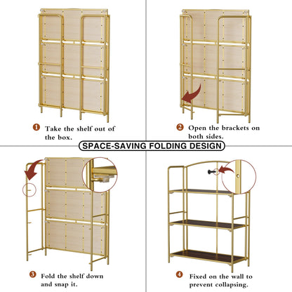 Crofy No Assembly Folding Bookshelf for Living Room, 3 Tier Gold Collapsible Book Shelf for Home Office, Portable Bookcase Storage Organizer