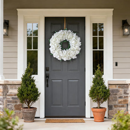 Artificial Hydrangea Wreath for Front Door, 21" Spring Summer White Flower Wreath, Fuax Hydrangeas Leaves for Home Mantel Wall Farmhouse Decor