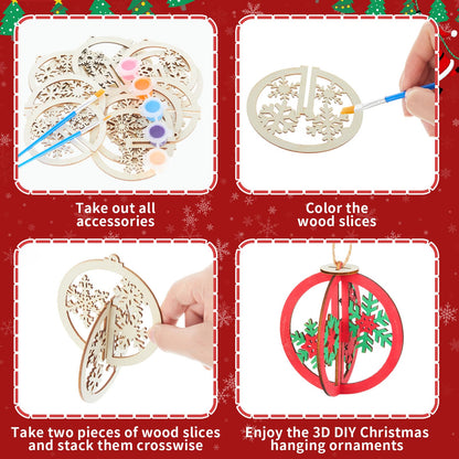 Chunful 24 Pcs DIY Christmas Wooden Ornaments 3D Unfinished Wood Crafts to Paint Christmas Hanging Cutouts Blank Hollow Wood Santa Reindeer Snowman Slice for Xmas Tree Decorations(Snowflake)