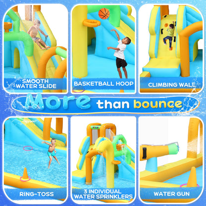 JOYMOR 10-in-1 Inflatable Water Slide Bounce House w/Water Bucket, Tunnel, Water Cannon, Basketball Hoop, 1min Blow Up Water Slide (Include Air Blower), Backyard Water Slide Park for Ages 3-10Y