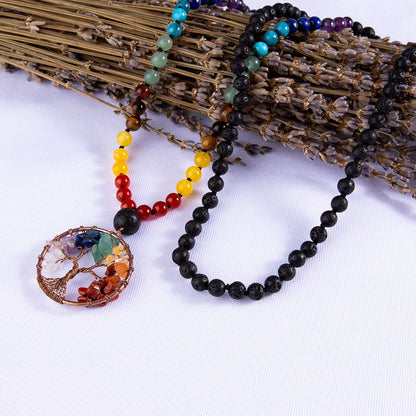 Bivei 108 Mala Beads Necklace Tree of Life 7 Chakra Wrap Bracelet Real Healing Gemstone Yoga Meditation Hand Knotted Mala Prayer Bead Necklace(Lava Rock Stone 6mm)