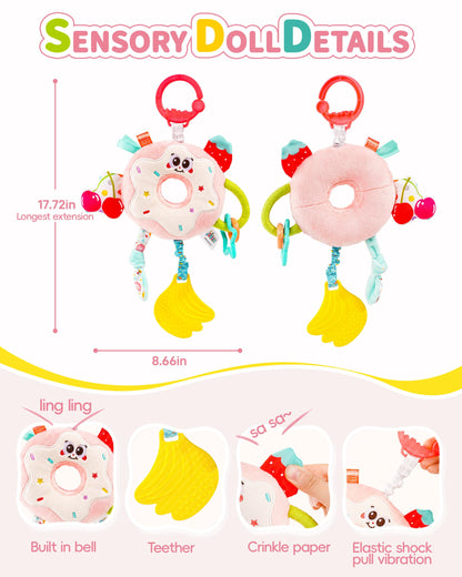 Jollybaby Baby Pull Vibration Toy - Tummy Time Sensory Hanging Toys for Car Seat, Stroller, Crib & Play Gym, with Babies Rattles & Teether, Airplane Travel Toys for Toddlers Gift - Donut