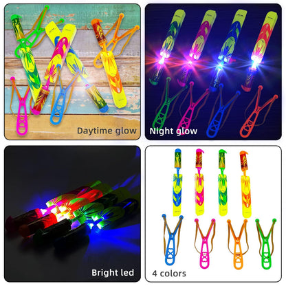 Ynybusi 50 Pcs Slingshot Flying Toys with Led Lights,25 Pcs LED Arrow Helicopters + 25 Pcs Launchers,Summer Outdoor Game Glow in The Dark Party Supplies Party Favors for Kids 4-8,8-12 Bulk Toys