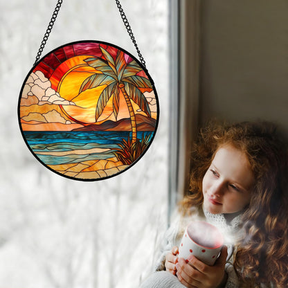 CHATYOUNG Stained Glass Window Hanging Sunrise Over A Blue Ocean Landscape 7.8" - Suncatcher Door Garden Home Decor Birthday Christmas for Men Woman Mom Nana Grandma Girl Dad