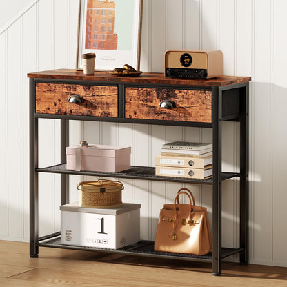 Furologee Console Sofa Table with Storage Shelf for Entry Way, Small 30'' Entryway Table with 2 Fabric Drawers, Industrial Display Shelves for Hallway, Entrance, Foyer, Rustic Brown