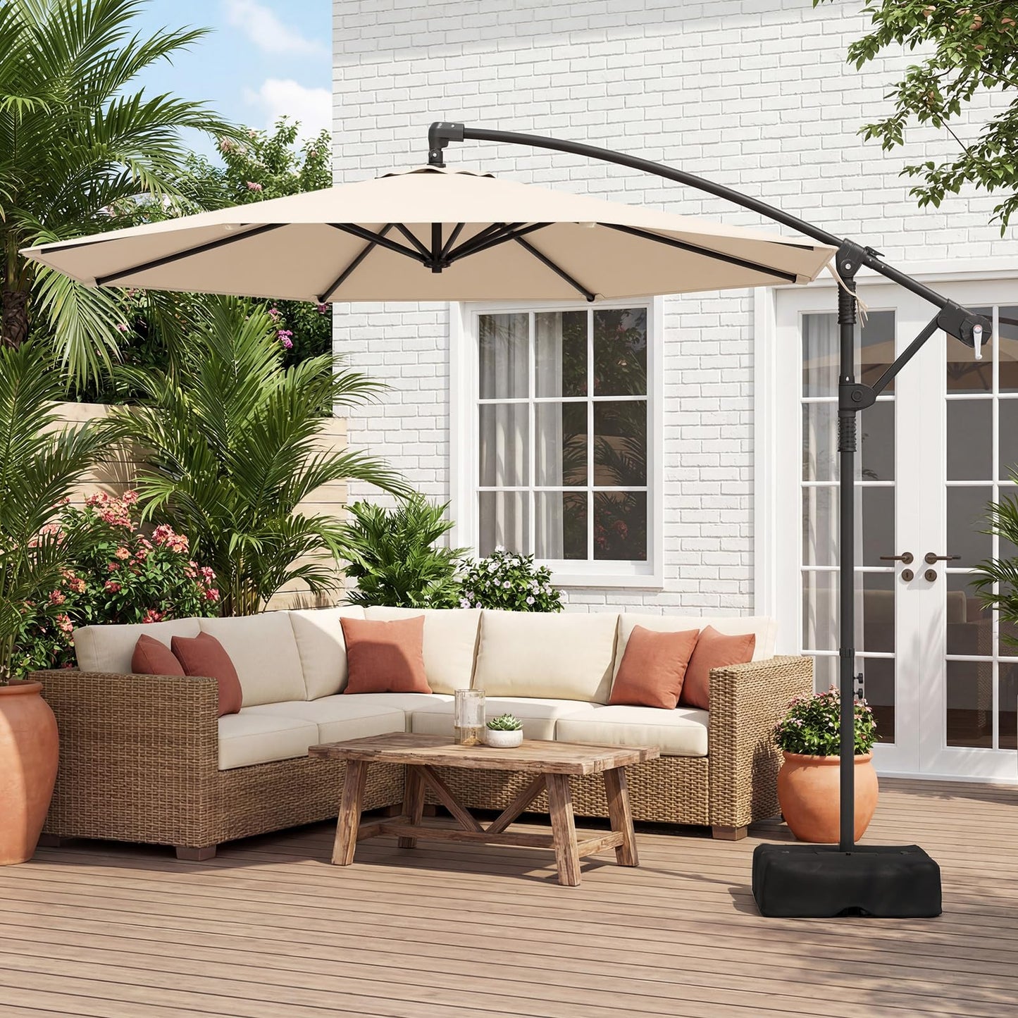 Tangkula 10ft Patio Umbrella with Base Included, Offset Cantilever Outdoor Umbrella with 360 Degree Rotation, Crank Handle, Sun-Protective Canopy for Pool Deck Garden Backyard (Beige)