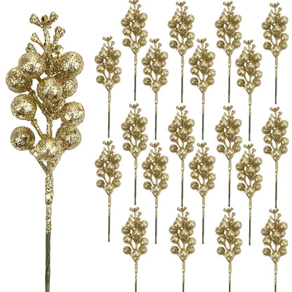 DIYASY Champagne Glitter Berry Stems,20Pcs Artificial Xmas Picks and Sprays Christmas Tree Filler Branches Ornaments Holiday Wreath Garland Decorations Home Décor 7.8 Inch