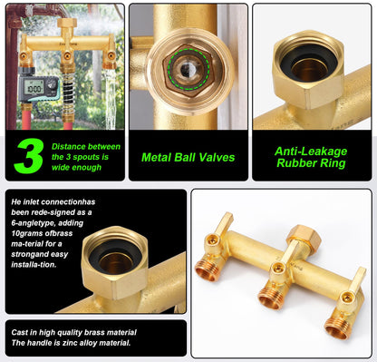 Heavy Duty 3-Way Garden Hose Splitter with Shutoff Valve and Long Handle Outdoor Faucet Diverter, 3/4’ GHT Threads
