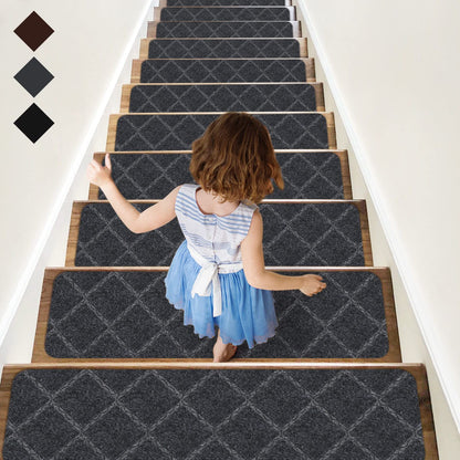 RIOLAND Stair Treads Carpet Non-Slip Indoor 15 PCS Wood Stair Treads Rugs Anti Moving Modern Stair Runners Safety for Kids Dogs, 8" X 30", Diamond Gray