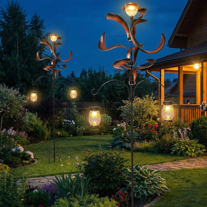 81" Metal Wind Spinner with Solar LED Light & Hanging Hooks - Rustic Copper Finish Kinetic Yard Art for Garden, Patio, Lawn - Outdoor Decor Stake