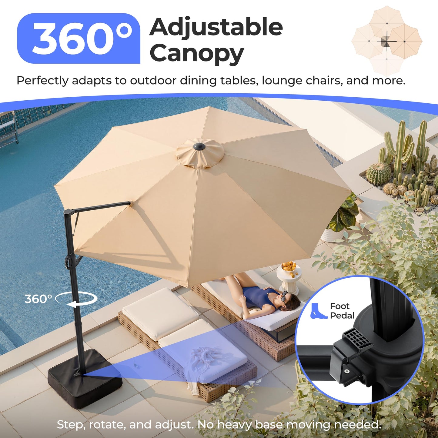 SUPERJARE 9ft Cantilever Umbrella with Base Included, Large Outdoor Umbrellas for Patio, Foot Pedal for 360° Rotation, Durable Metal Ribs, Offset Patio Umbrella, for Pool, Deck, Beige