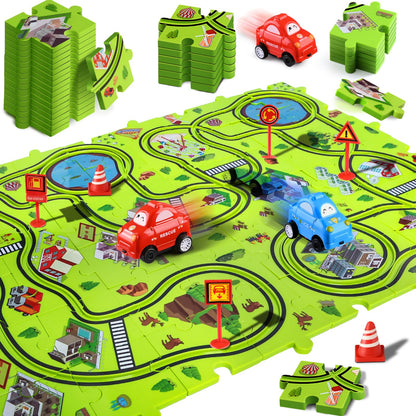 48 PCS Puzzle Race Track Car Set: Toddlers Kids Boys Girls Toys & Gifts for 3 4 5 6 Year Old | Puzzle Tracks Car Toys | with 2 Small Cars Toy and Roadblocks | Play & Learn Toy | Kid for Ages 3-5 4-6