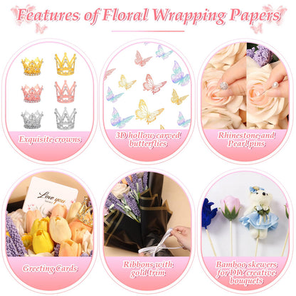 276 PCS Flower Wrapping Paper Bouquet Kit, 30 Sheets Waterproof Floral Wrapping Paper With Ribbons, Flower Pearl Pins, Bamboo Skewers, 3D Butterflies Crowns for Florist Craft Mother's Day Birthday