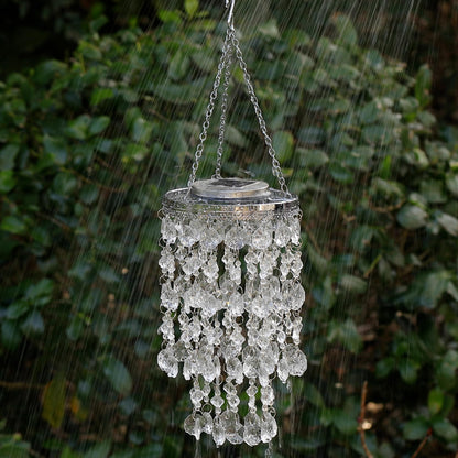 Glitzhome 18.75”H Wind Chime for Outside Solar Wind Chime Hanging Decorative Transparent Acrylic Jewel Beads with Blue LED Light Battery Operated Mini Chandelier for Home Garden Patio Yard