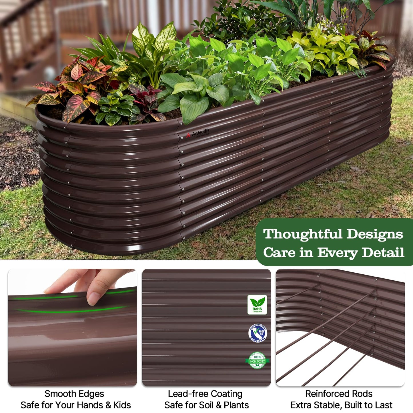 A ANLEOLIFE 30" Extra Tall Galvanized Raised Garden Beds Outdoor, 10x3x2.5ft Large Oval Metal Planter Boxes for Planting Vegetables, Flowers, Fruits, Eco-Safe & Easy Setup, CaféBronze