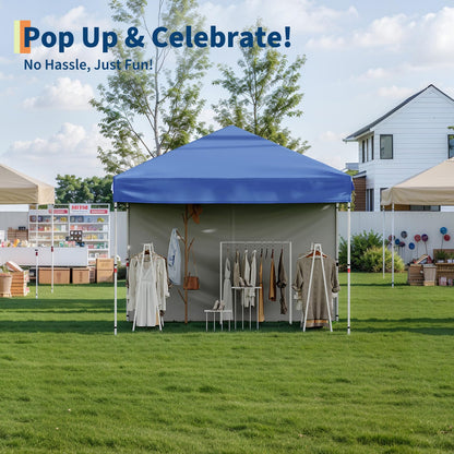 GarveeLife 10x10 Pop Up Canopy with 4Pcs Sidewalls Easy Up Camping Tent with One Button Push Setup 1 Roller Bag 3 Adjustable Height 4 Weight Bags (Blue)
